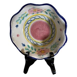 Jennifer Moore Italy Handpainted Ceramic Bowls Set/6 Floral Scalloped Blue‎ Trim
